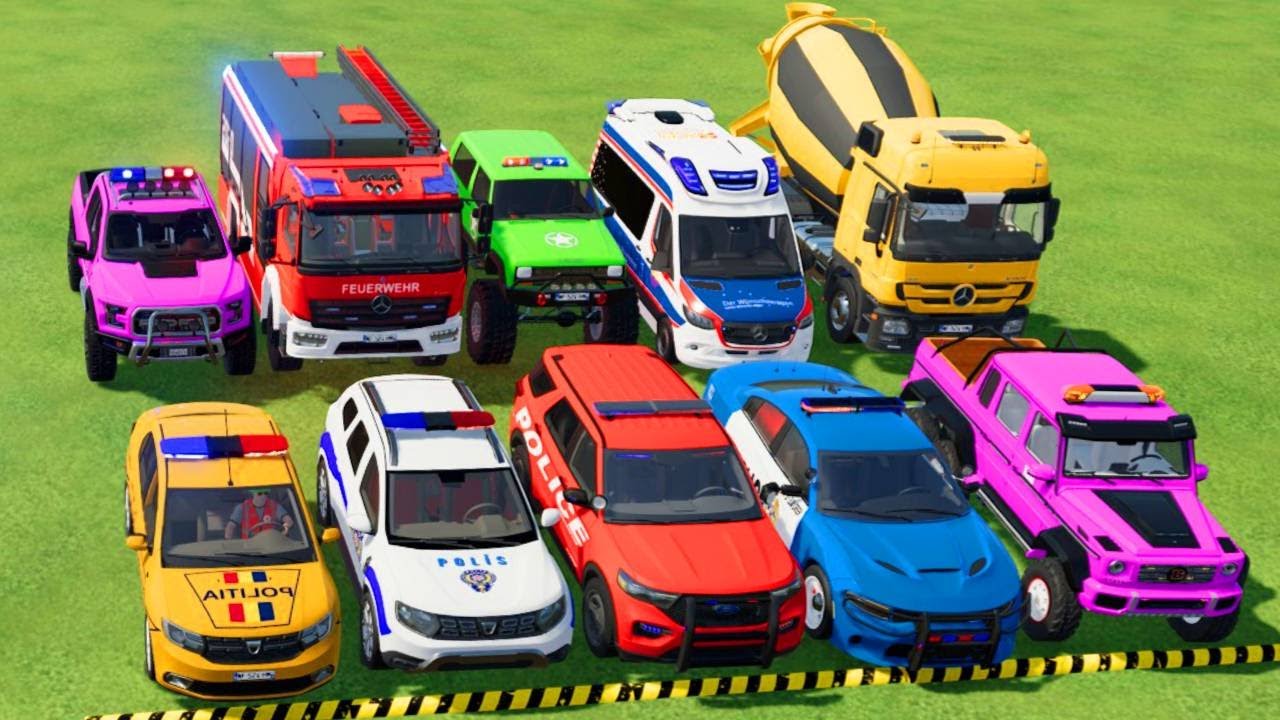 TRANSPORTING POLICE CARS, AMBULANCE, FIRE TRUCK, COLORFUL CARS WITH TRUCK -FARMING SIMULATOR 22!