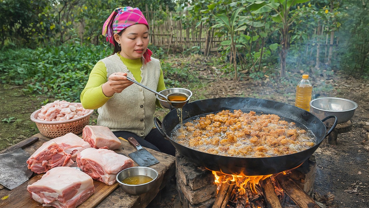 Traditional Ancient Cooking Recipes | Process of Rendering Pork Fat into Cooking Oil | Rural Life