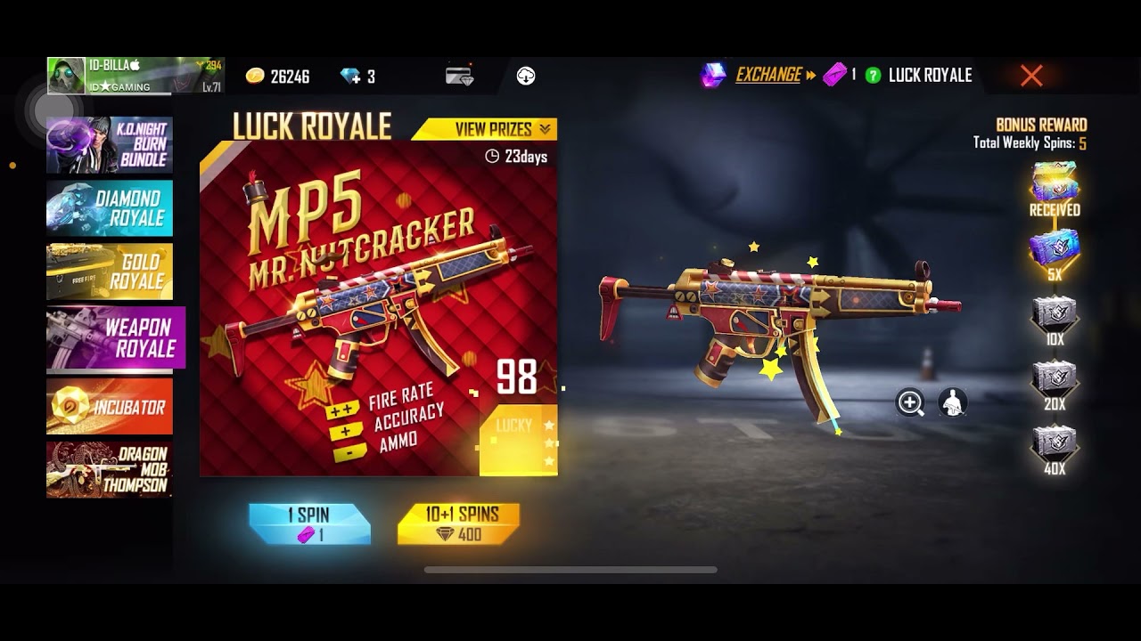 I GOT NEW MR.NUTCRACKER MP5 IN 1 SPIN  LUCKIEST PERSON IN FREE FIRE 😂😂😂 HOW TO GET PERMANENT GUN