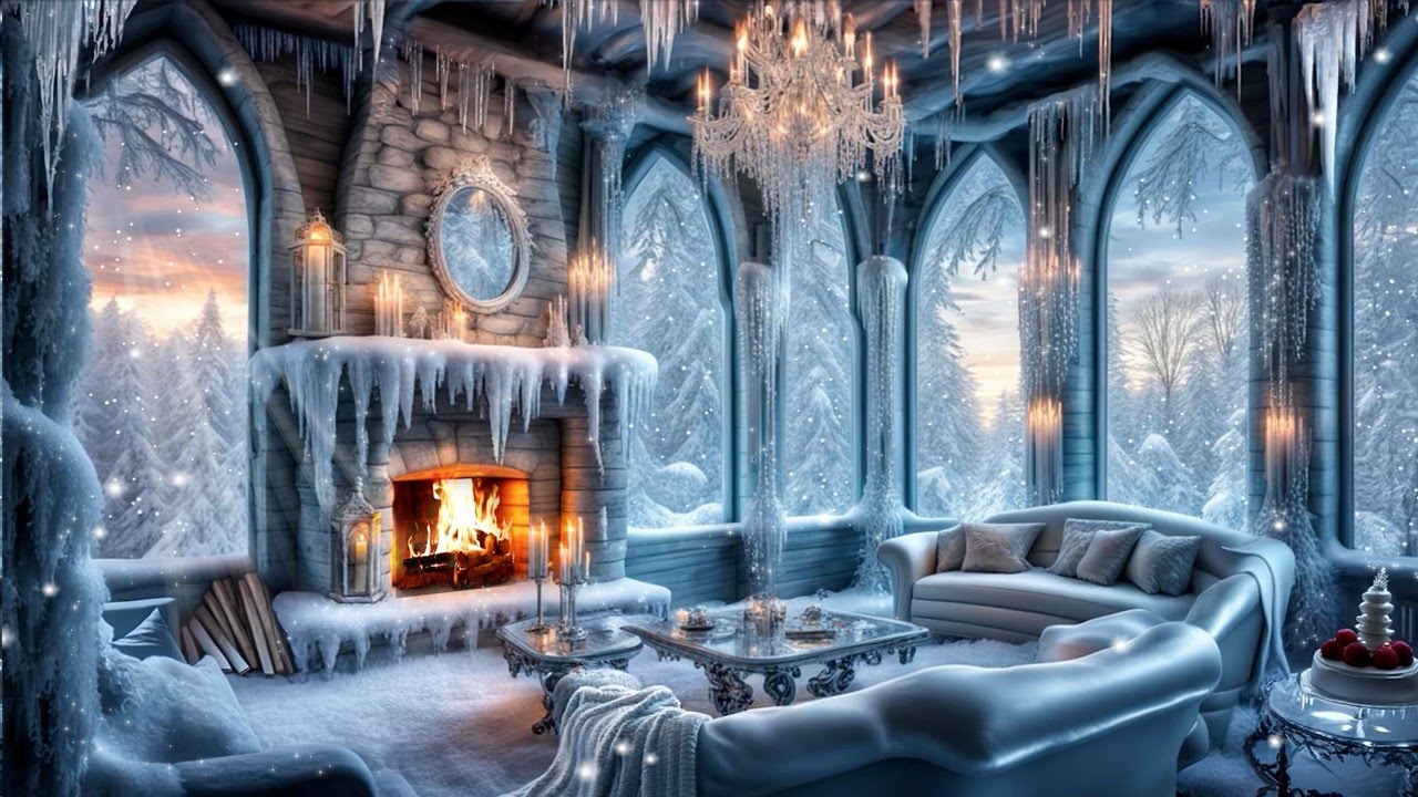 FROZEN ICE CASTLE FANTASY AMBIENCE-WINTER LIVING ROOM-SNOW FALL-FIREPLACE-SOOTHING NATURE SOUNDS
