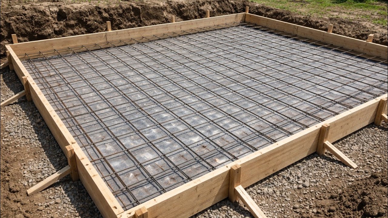 Prepare the base for the concrete slab with wood and steel reinforcement