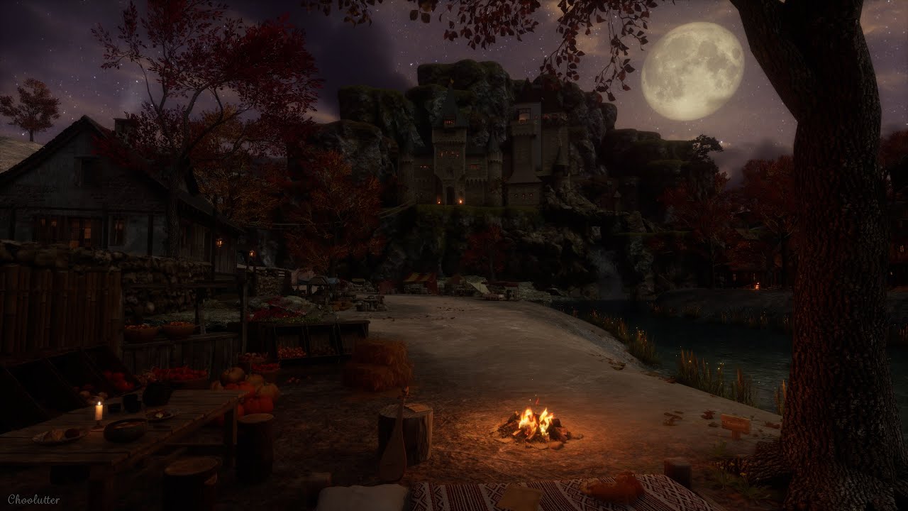 Medieval Autumn Night with Tranquility and Loneliness | Water, Crackling Fire, Crickets, Owls Sounds