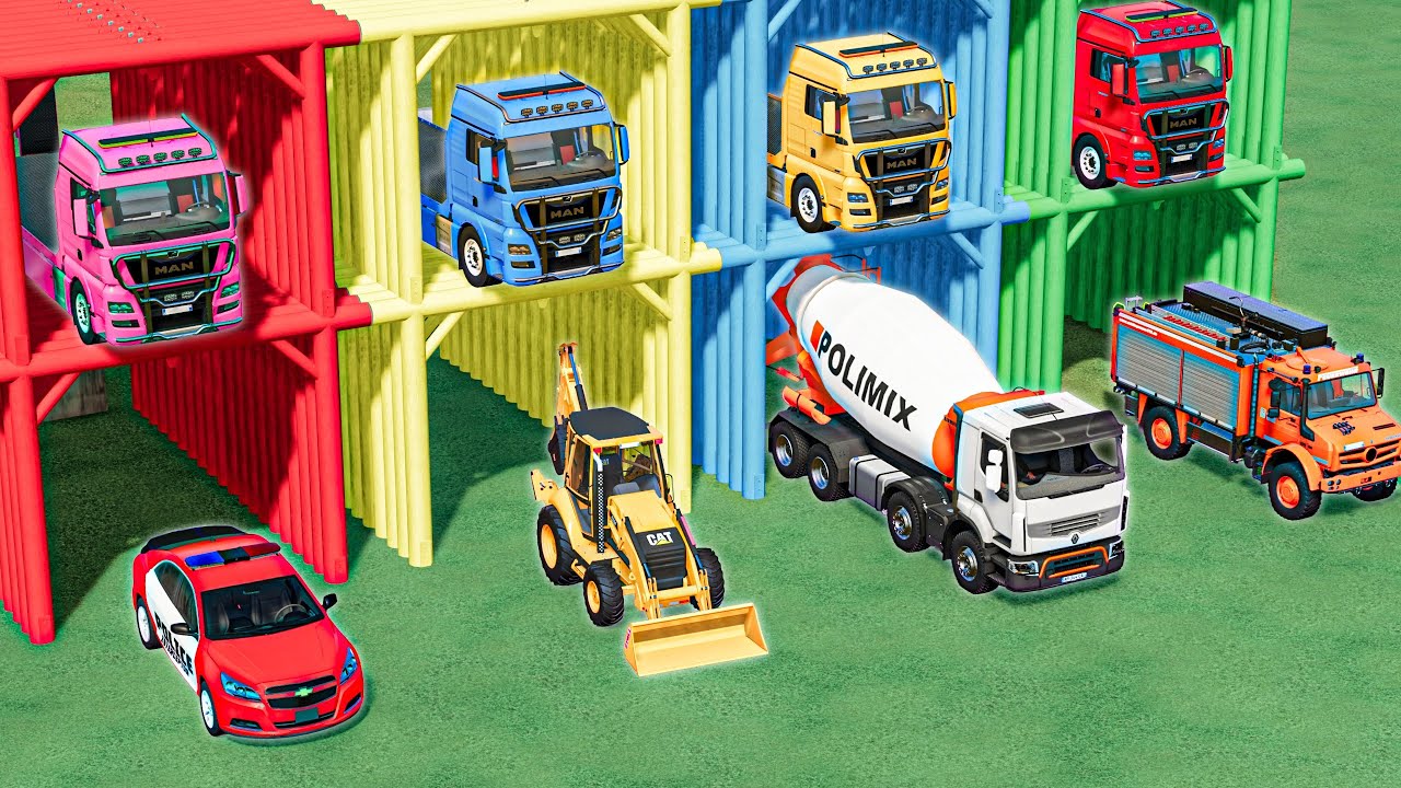 GARAGE with COLORS - TRANSPORTING POLICE CARS , LOADER , FIRE DEPARTMENT , MIXER  | FS22