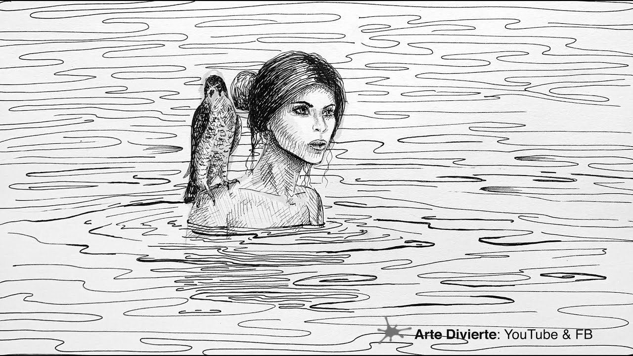 CÓMO DIBUJAR UNA MUJER CON HALCÓN EN AGUA - Con tinta