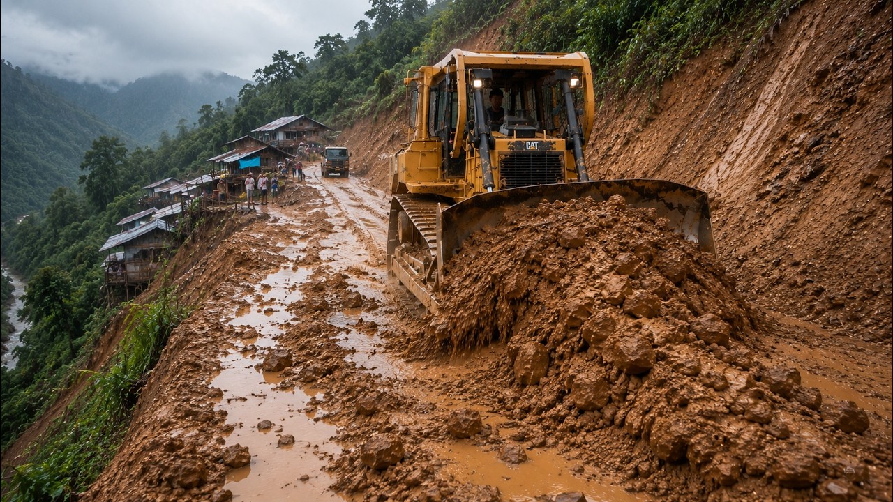 Extreme Mountain Road Construction: Bulldozer Working On Steep Muddy Cliffs!