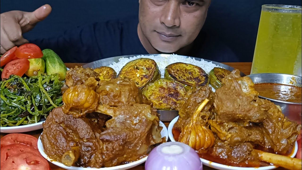 Eating Spicy Mutton Curry | Brinjal Fry| Mustard Leaves Fry | Salad | Basmati Rice| Asmr Mukbang
