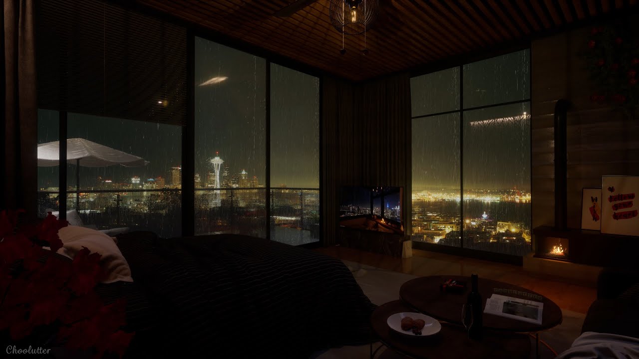 Cozy Bedroom With A Beautiful Rainy Night View Of Seattle&nbsp;| Rain, RainOnWindow, Fireplace Sounds