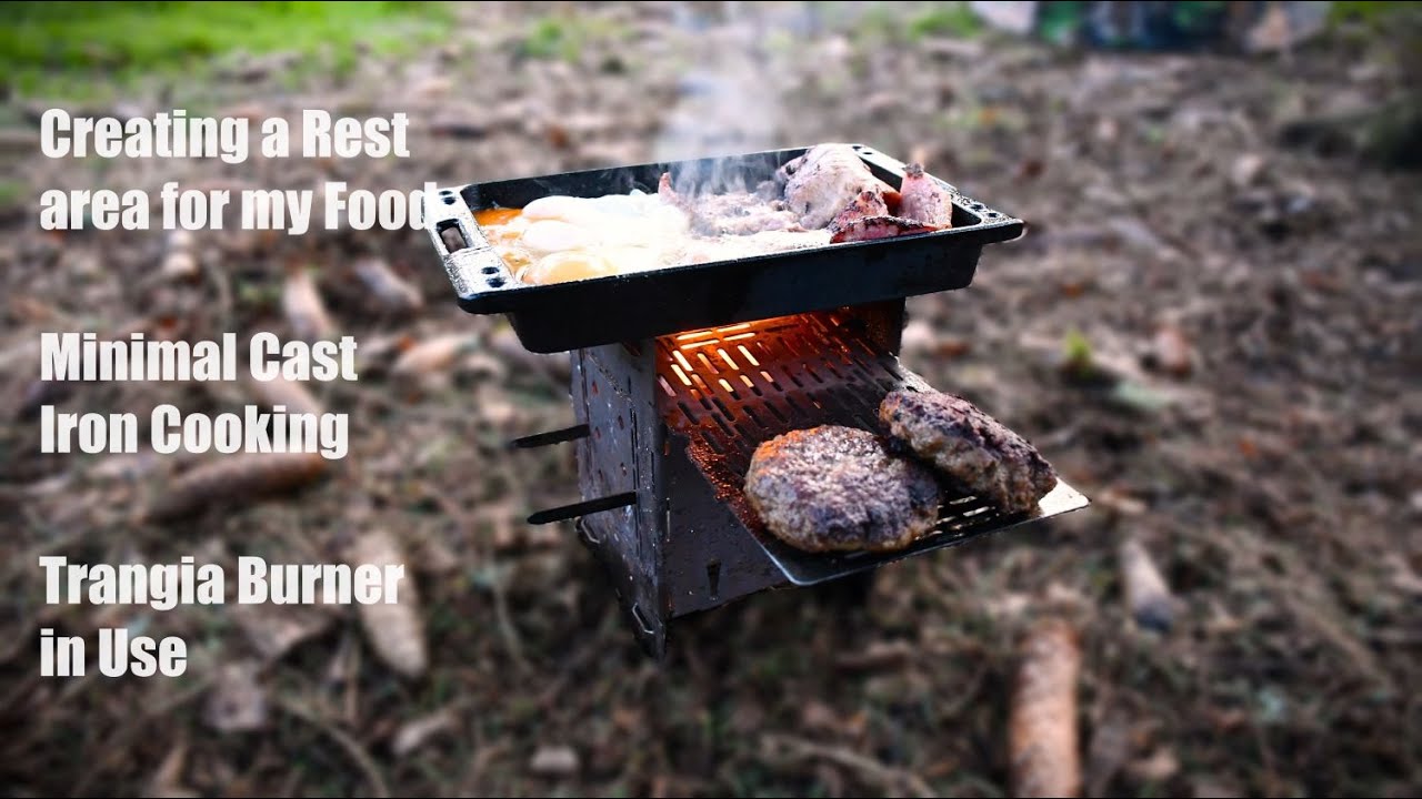 Firebox Stove Grill Experiment with Trangia Burner / Homemade Beef Burgers with Bacon & Eggs