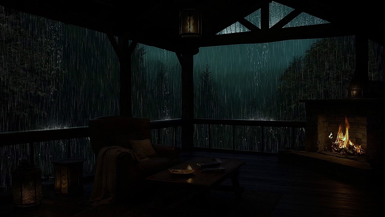 Relaxing Rain Sounds in a Tranquil Dark Forest Cabin with Cozy Fireplace Ambience for Study