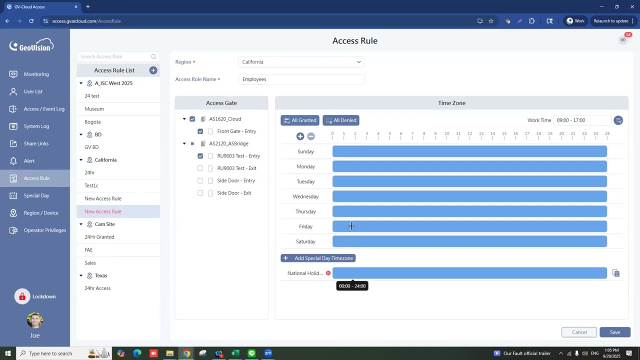 GV-Cloud Access Control - Creating Access Rules (Schedules) to assign to Users