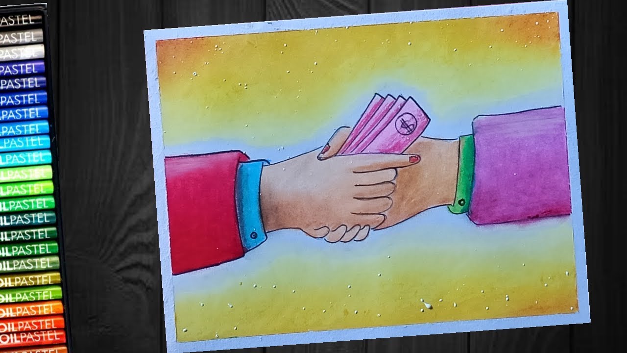 How to draw stop corruption poster with oil pastel  - step by step