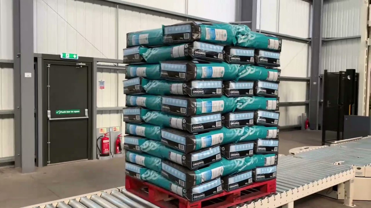 15021 Pet Food Bag Filling, Palletizing, Top sheet dispenser, turntable wrapper