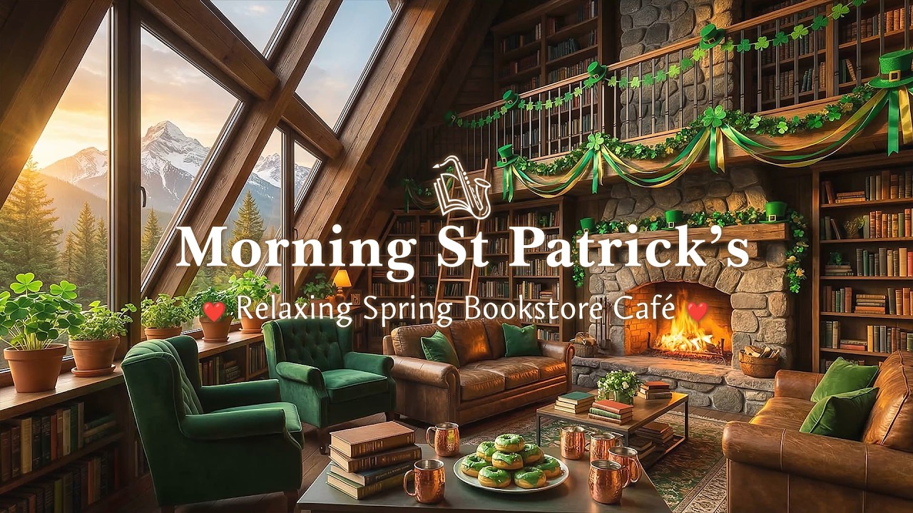 Morning St Patrick’s Spring Jazz ~ 🍀Relaxing Spring Bookstore Café Shop Ambience for Focus and Study