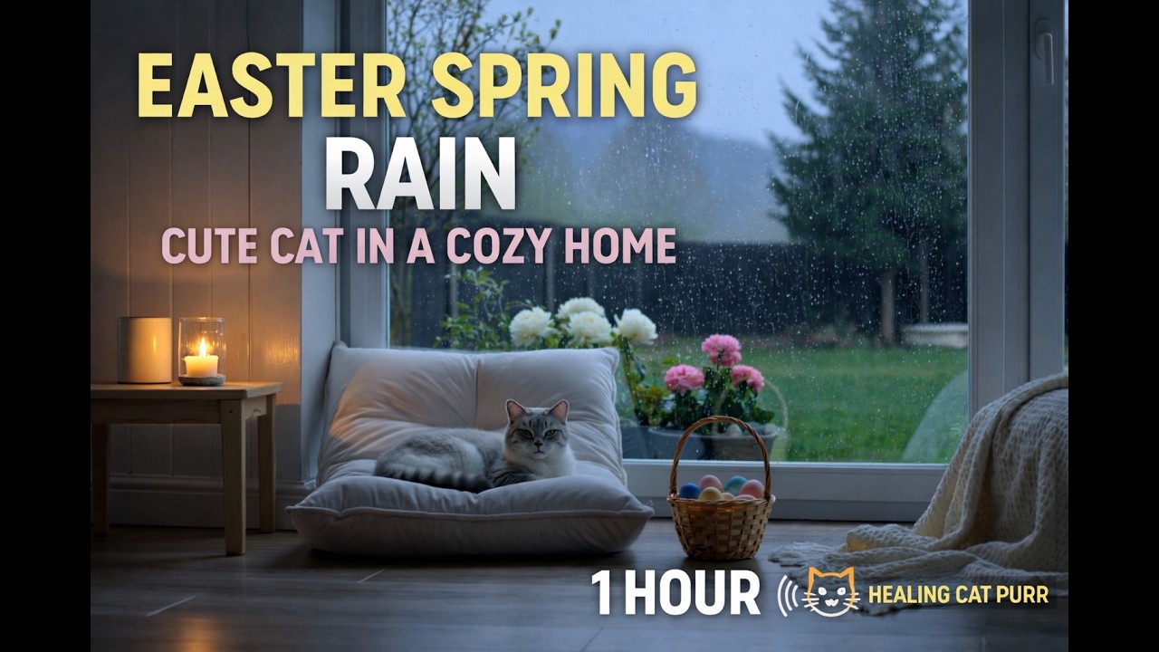 1 Hour Easter Spring Rain 🌧️ Cozy Home with Cat & Candle | Healing Cat Purr Sounds