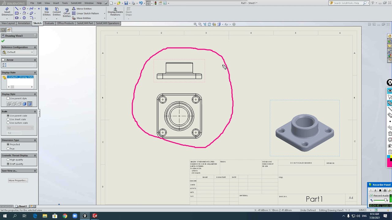 לימודי SOLIDWORKS - יצירת שרטוט, חתך חלקי