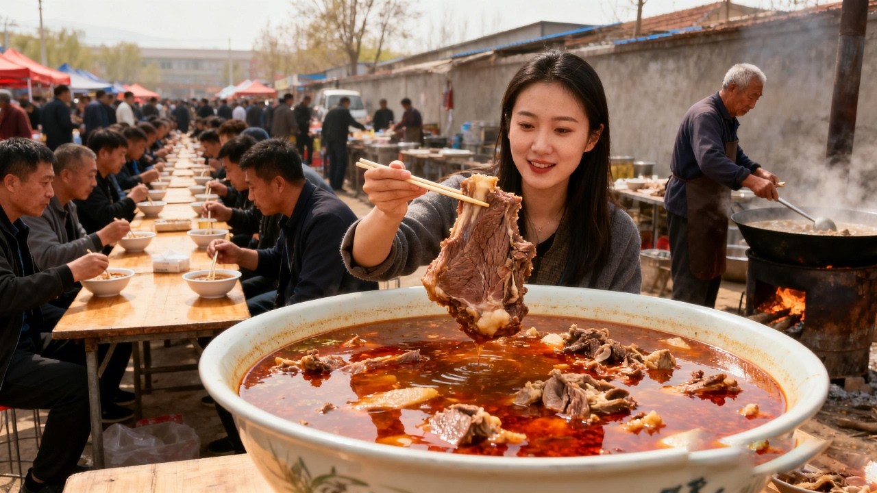 震惊！山东农村赶大集，这碗牛碗口把我香迷糊了！大爷现场支锅开炖，真材实料，这烟火气绝了！【我是忐忑妞】