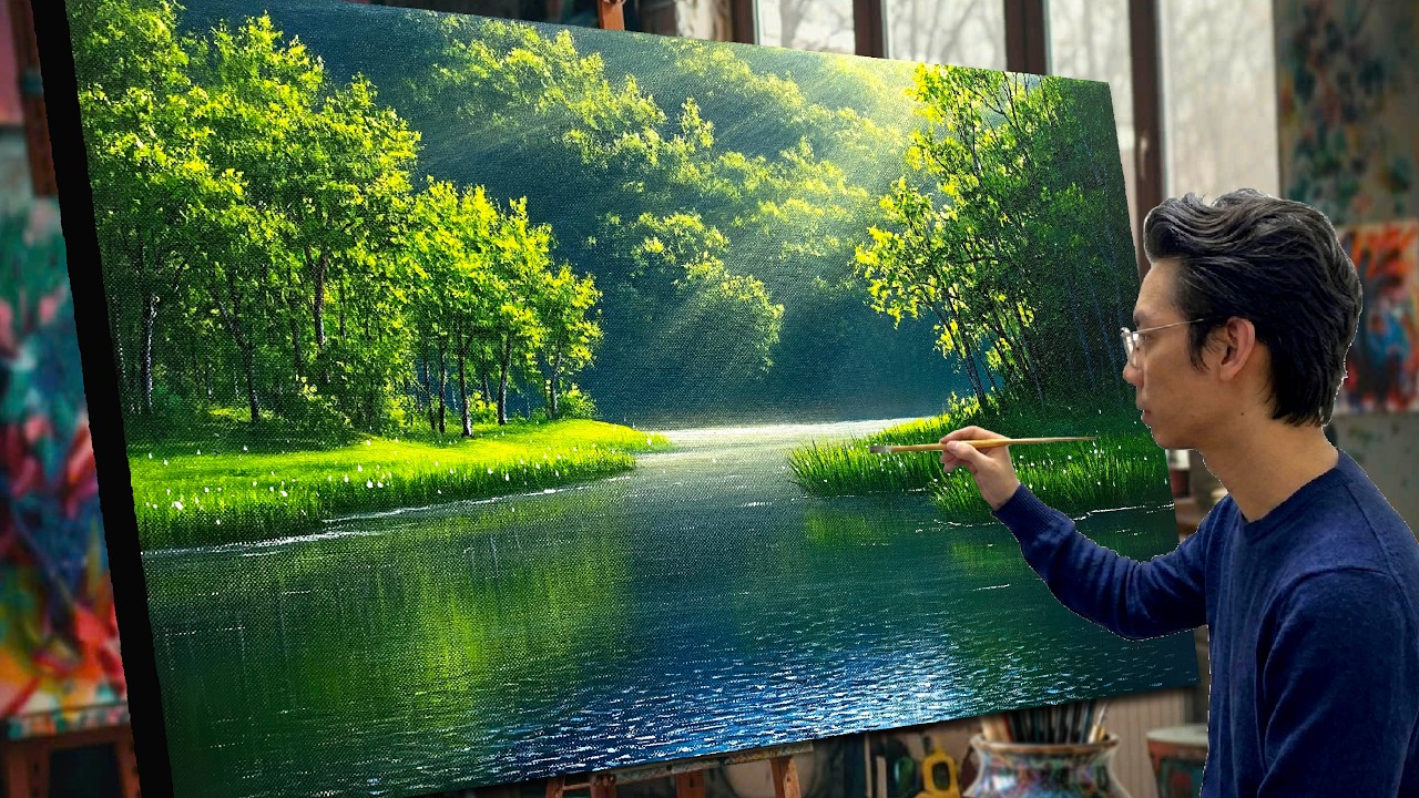 How to paint landscape /#123/ Greenery and scenery by the lake / Acrylic landscape painting/A Lu Art