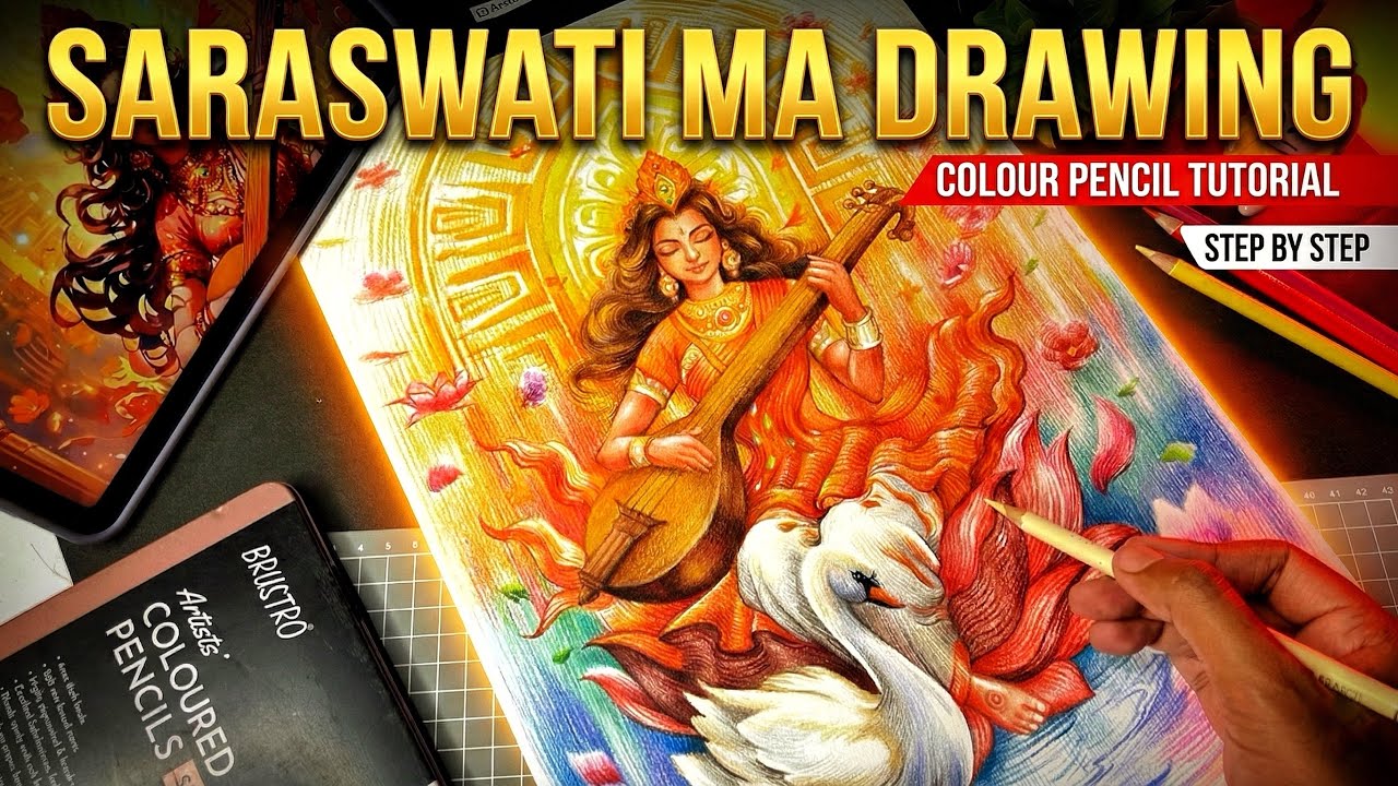 Ma Saraswati Realistic Drawing with Colour Pencil // Step by step detail tutorial 