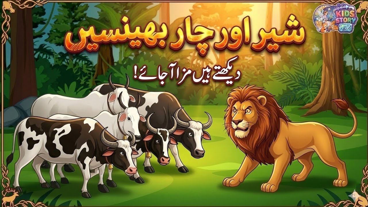 “A lion and four buffaloes.” Sher aur bahanse #story #cartoon #viralvideo #trending 