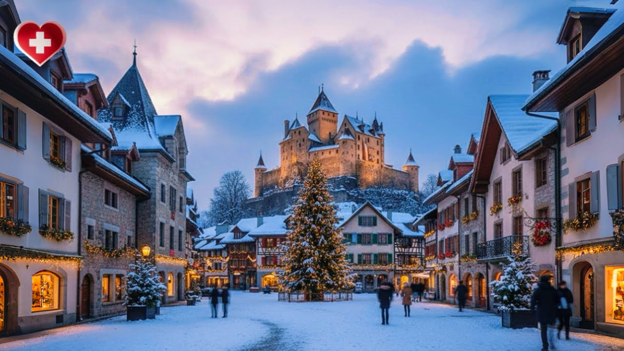 Заснеженная прогулка в Грюйере ❄️ Замковая деревня 🏰 зимой ☃️ Switzerland🇨🇭[4K]