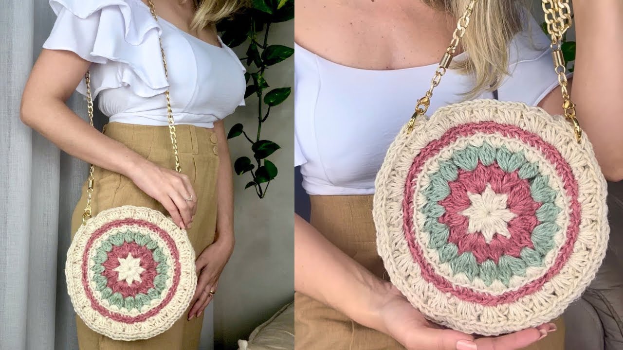 Bolsa de crochê redonda simples e facil de fazer - Bolsa de Juta colorida