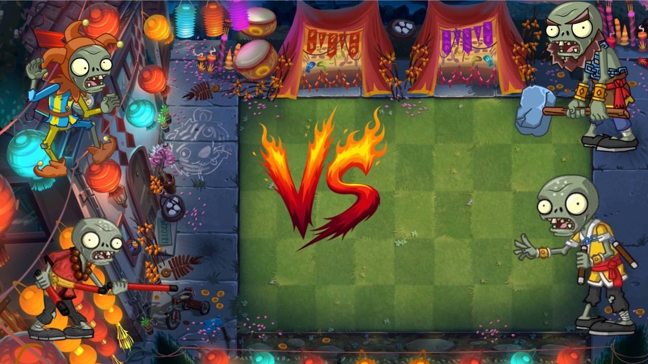 Jester Zombie Three-section Staff Abbot vs Nunchaku Monk Zombie Hammer Zombie