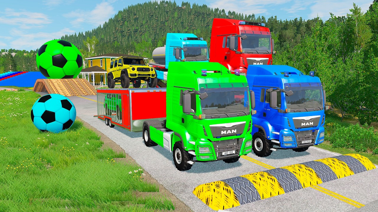 Triple Flatbed Trailer McQueen Transportation with Truck - Speedbumps vs Cars vs Train - BeamNG 0142
