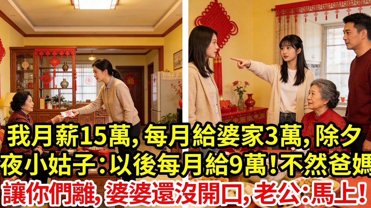 我月薪15萬，每月給婆家3萬，除夕夜小姑子：以後每月給9萬！不然爸媽就讓你們離婚，婆婆還沒開口，老公：馬上！#為人處世#情感#情感故事#小說#生活經驗#女性成長