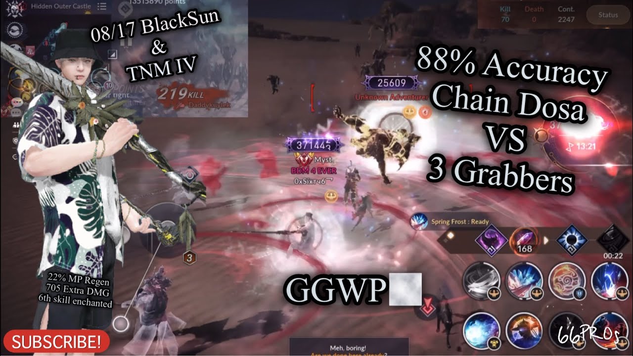 Black Desert Mobile 88% Accuracy Dosa vs 3 Grabbers in BlackSun, TNM IV, My Build in POV, GGTY😁