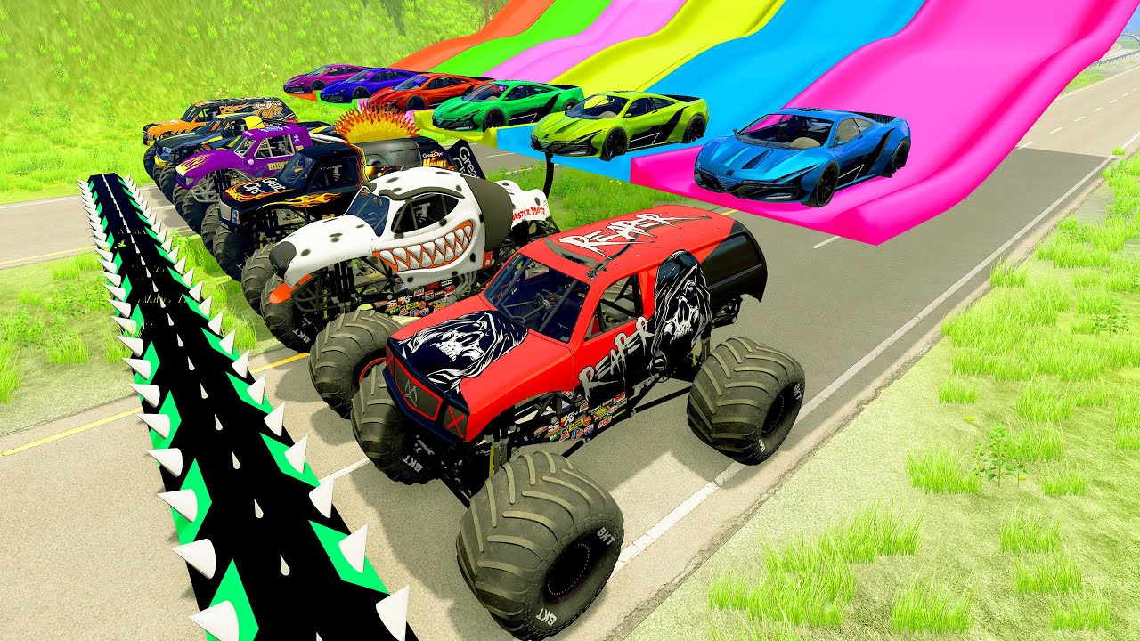 HT Gameplay Crash # 800 | Monster Trucks vs Side Colors Speed Jumps - Cars vs Speed Bumps Fail