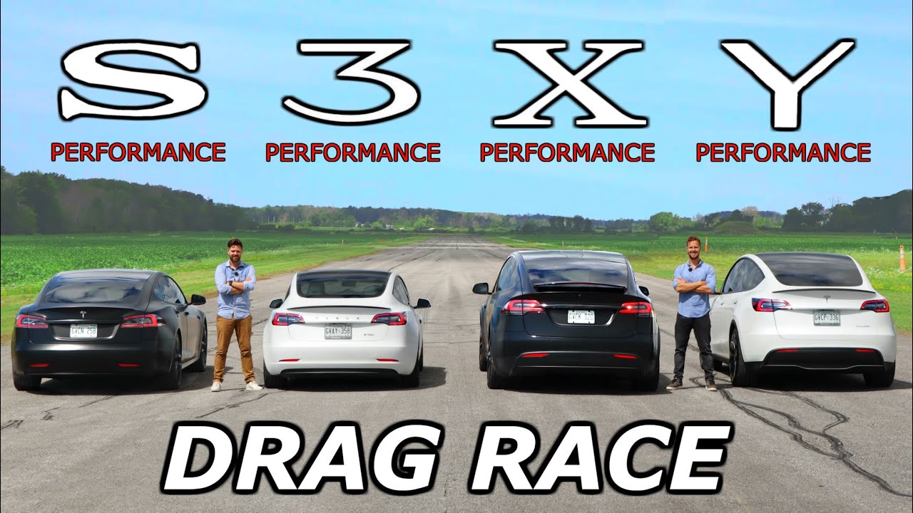 Tesla Model S vs 3 vs X vs Y - PERFORMANCE Models // DRAG & ROLL RACE