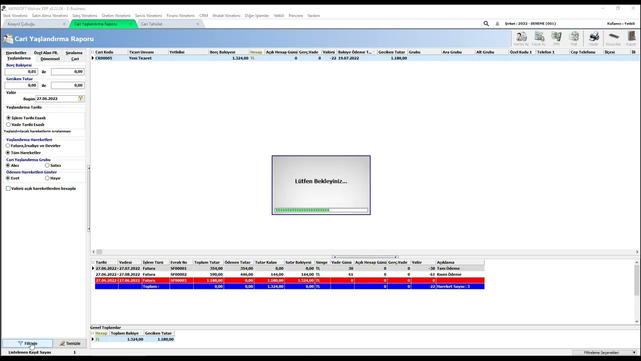 AKINSOFT WOLVOX ERP Finans Yönetimi   Cari Yaşlandırma Raporu