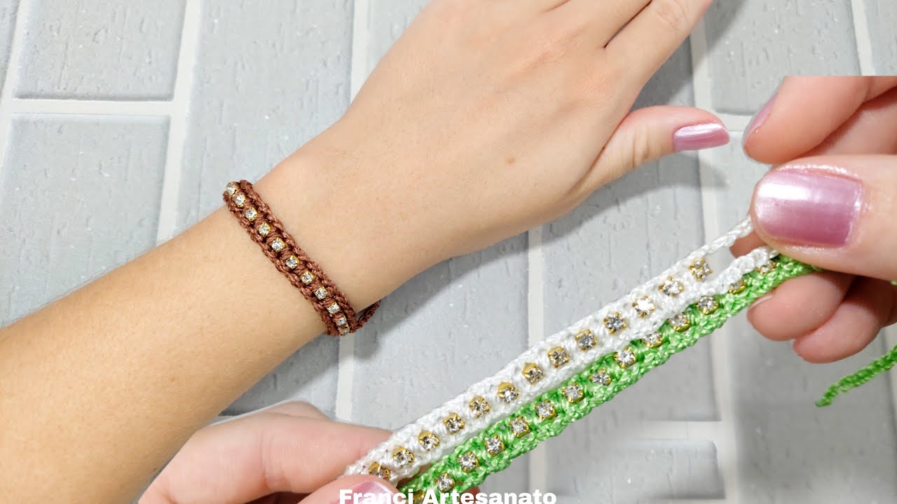 PULSEIRA CHARME DE CROCHÊ FEITA COM CORRENTE DE STRASS 😍💫