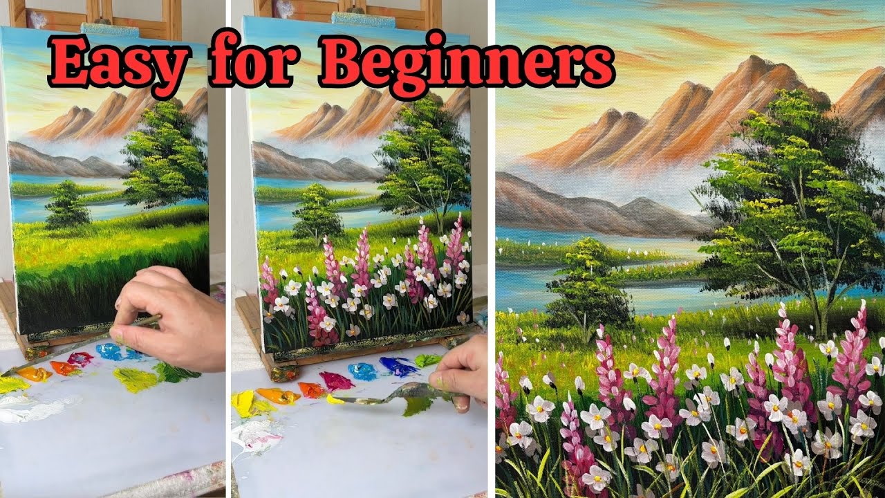 How to Paint a Stunning Mountain Lake with Wildflowers | Easy Acrylic Landscape Tutorial