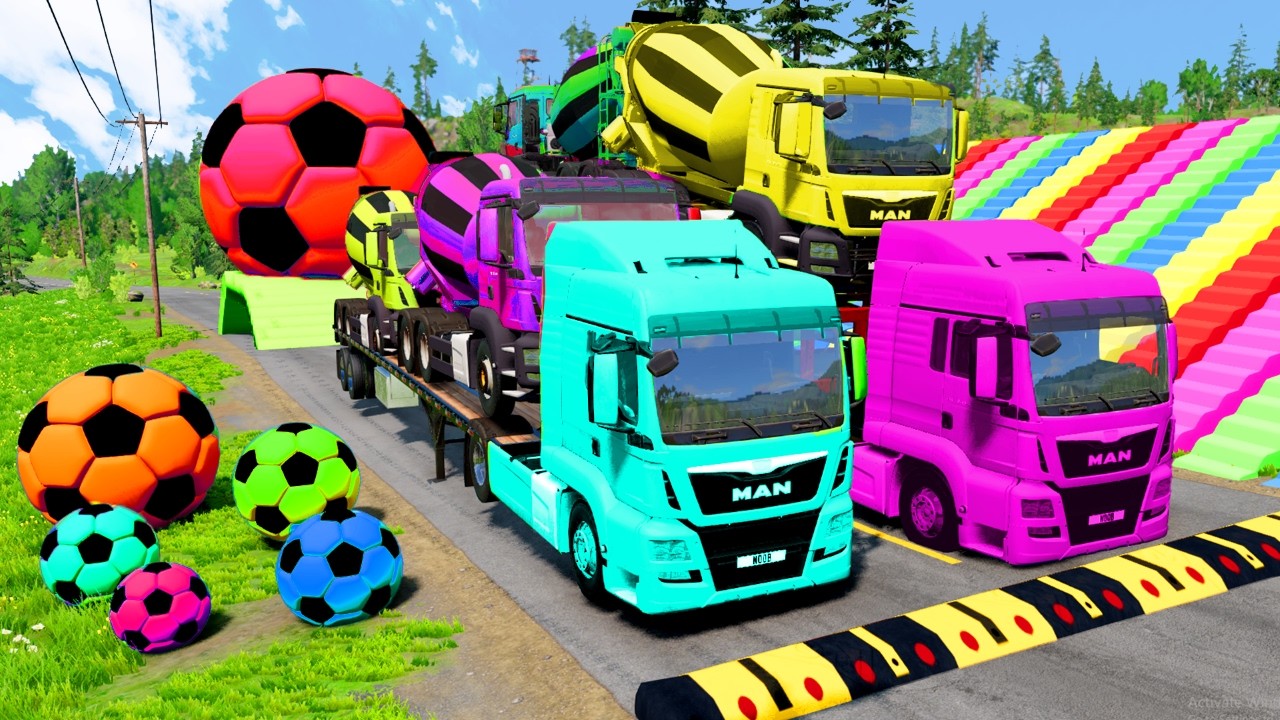 Flatbed Trailer McQueen Transportation with Truck - Speedbumps vs Cars vs Train - BeamNG.Drive #22