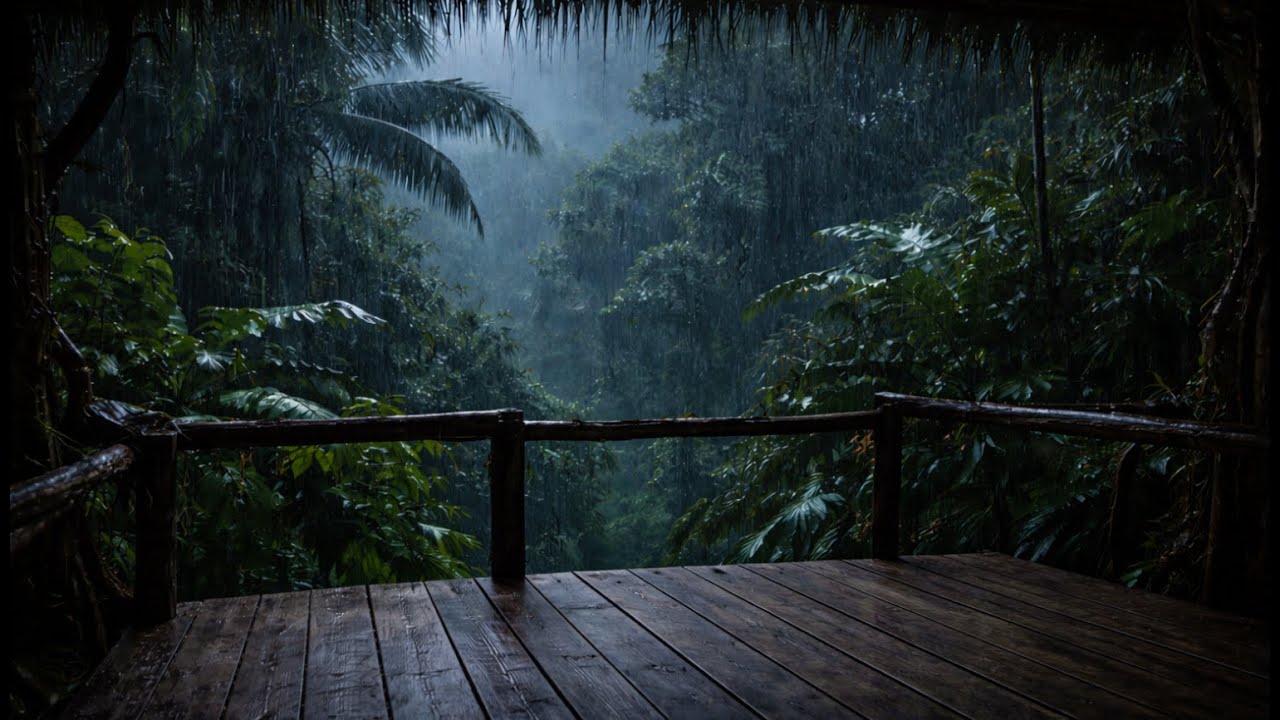 8.5 Hours Jungle Treehouse Rain (No Window) 🌧️ Dark Cabin ASMR for Deep Sleep | No Thunder