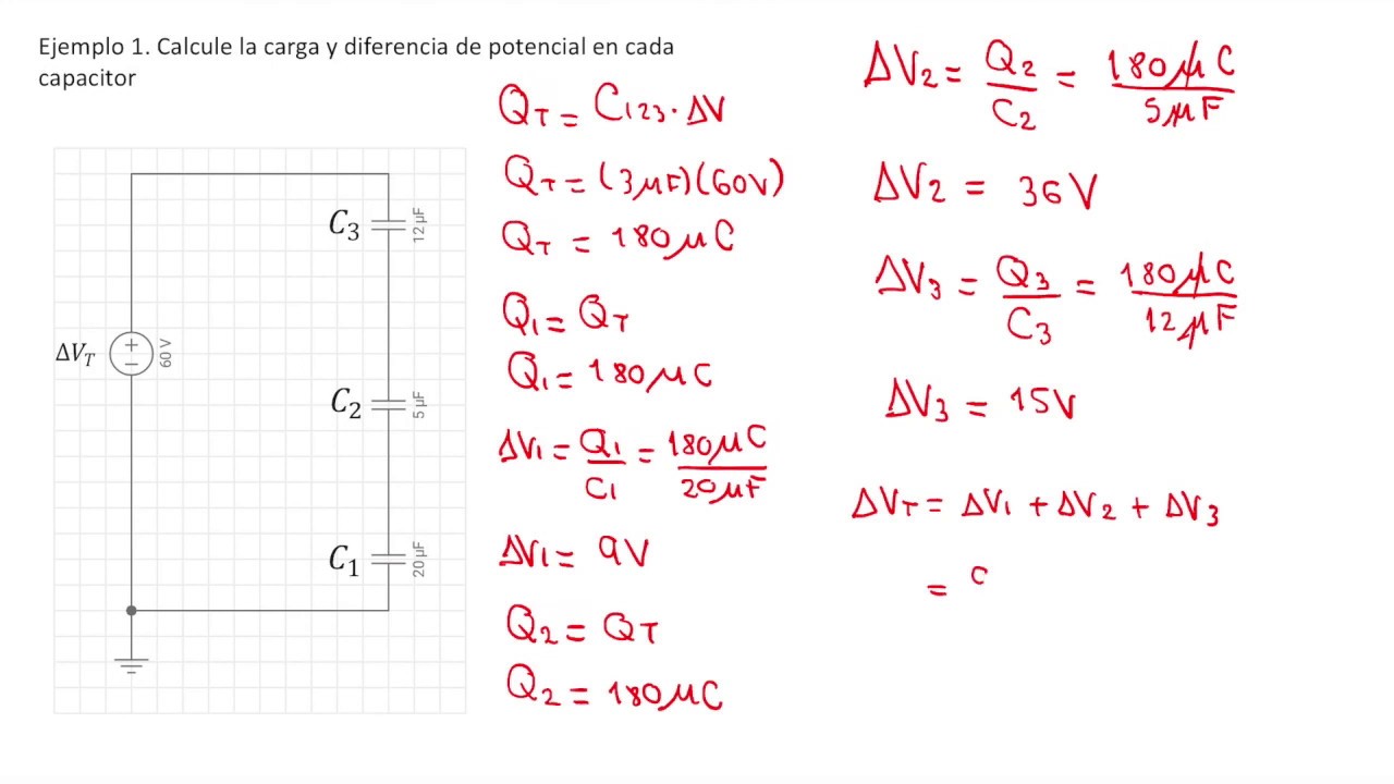 Capacitores en serie, cálculo de la carga y la diferencia de potencial en un circuito