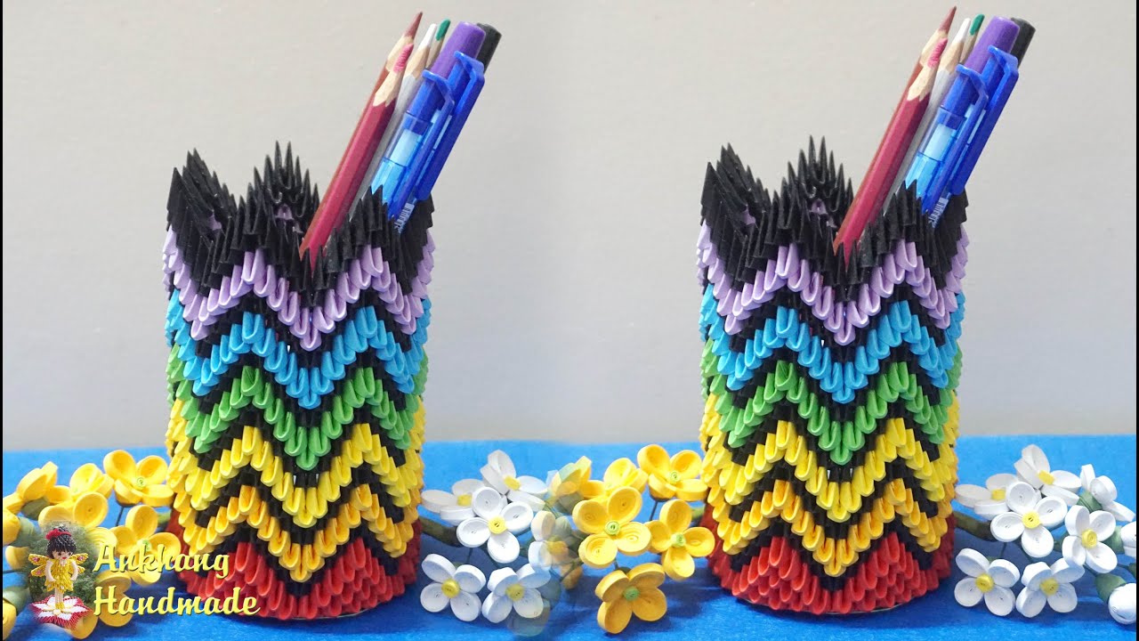 3d origami rainbow pen holder tutorial | DIY paper pen holder tutorial