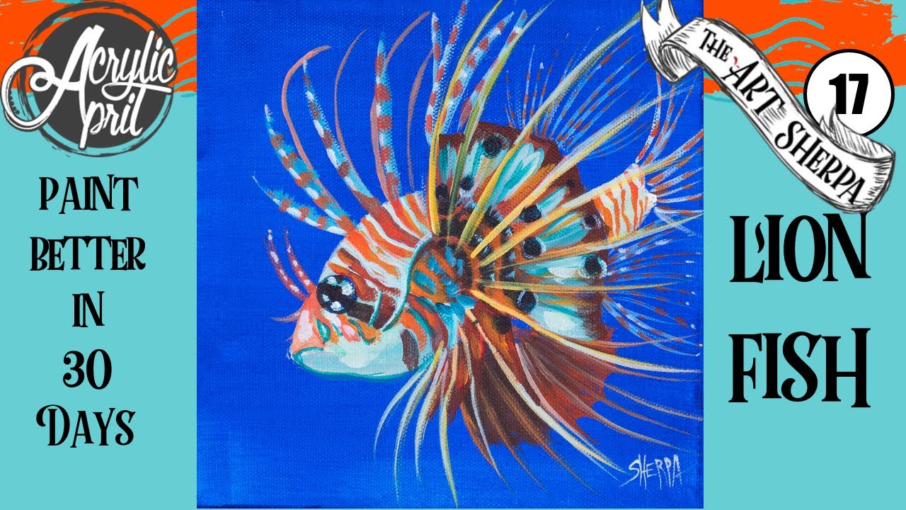 Easy Daily Painting of a Lionfish Step by step Acrylic Tutorials Day 17 #AcrylicApril2020