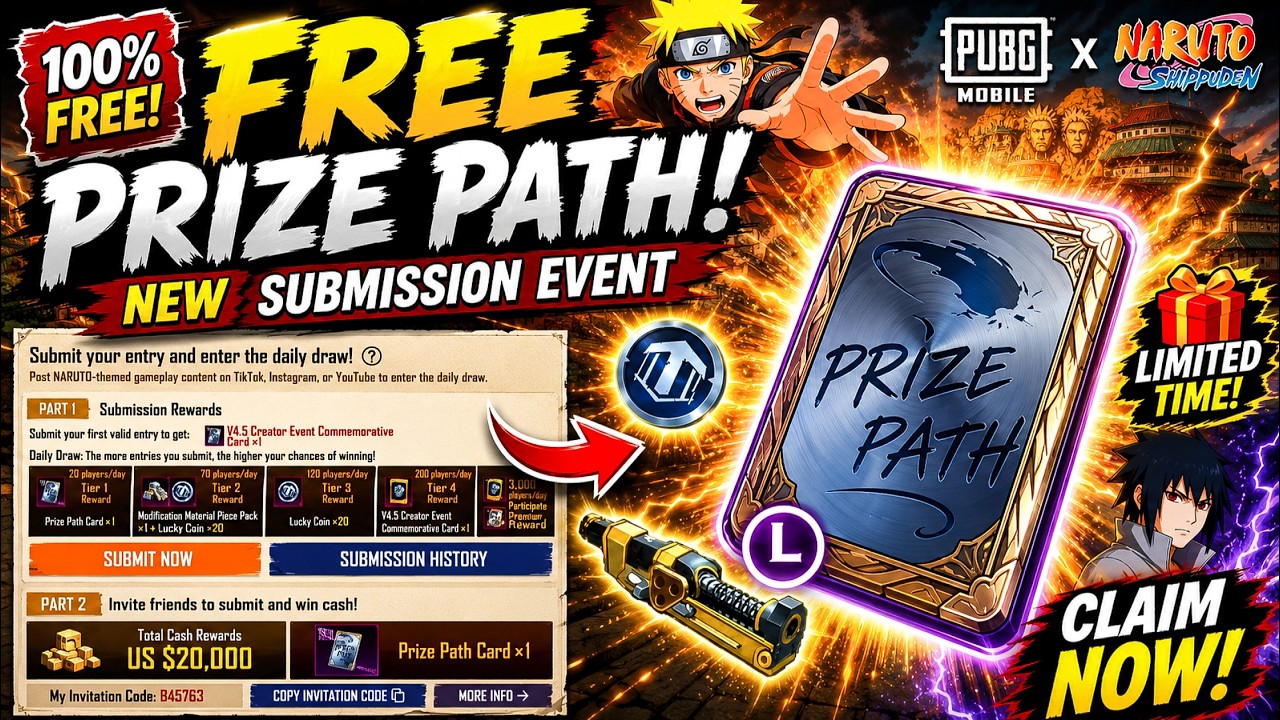 😱 GET FREE NARUTO PRIZE PATH CARD & LUCKY COIN / SUBMISSION EVENT IN PUBG MOBILE