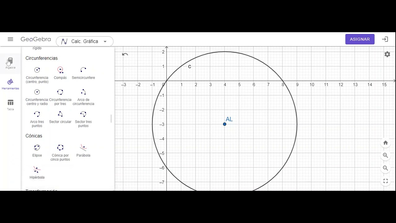 Graficar circunferencias en geogebra: centro y radio.