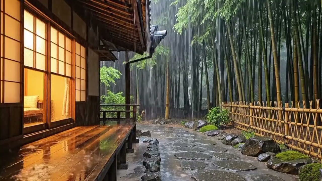 Heavy Rain Outside a Cozy Japanese Cabin – Forest Rain Sounds for Deep Sleep