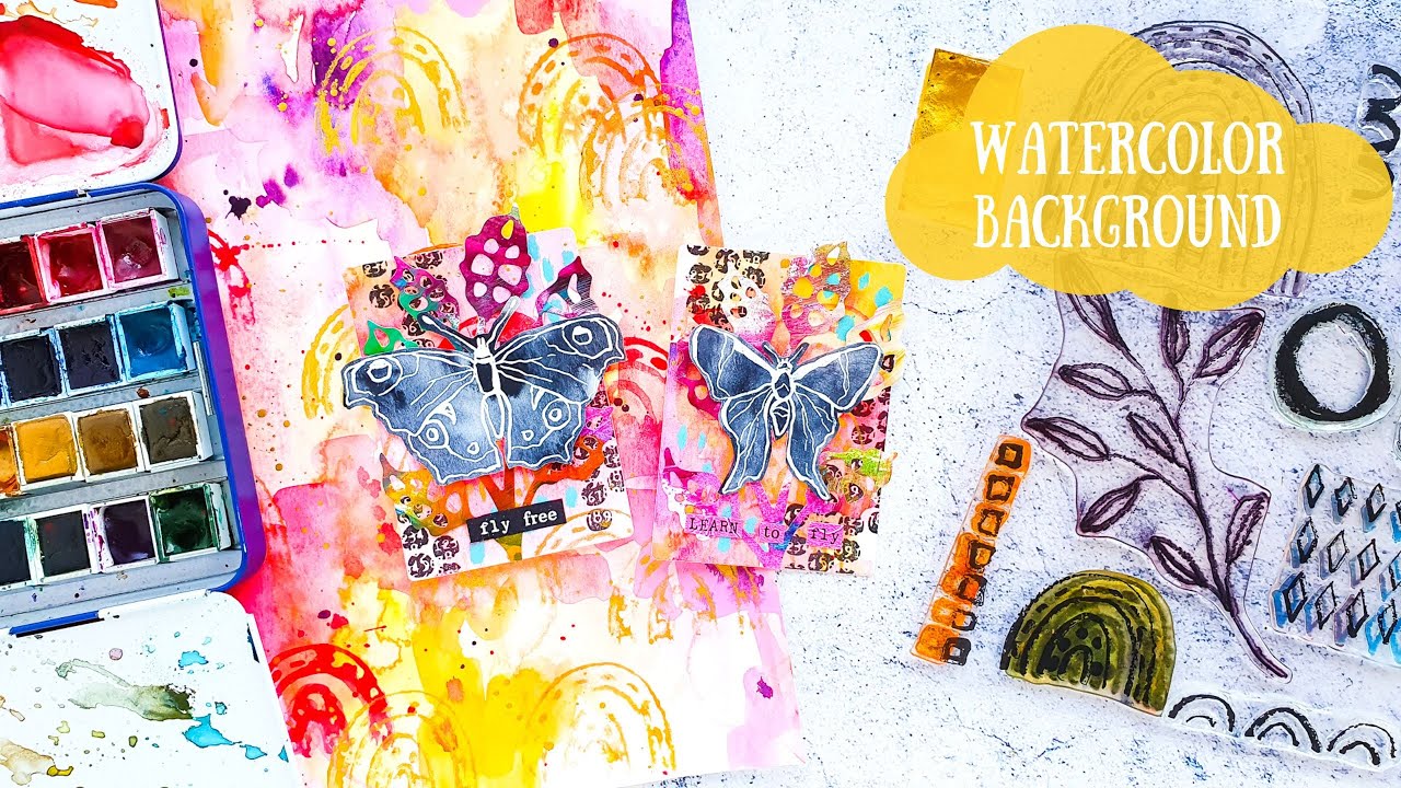 Watercolor Background & Mixed Media ATCs - How to stamp with Watercolors