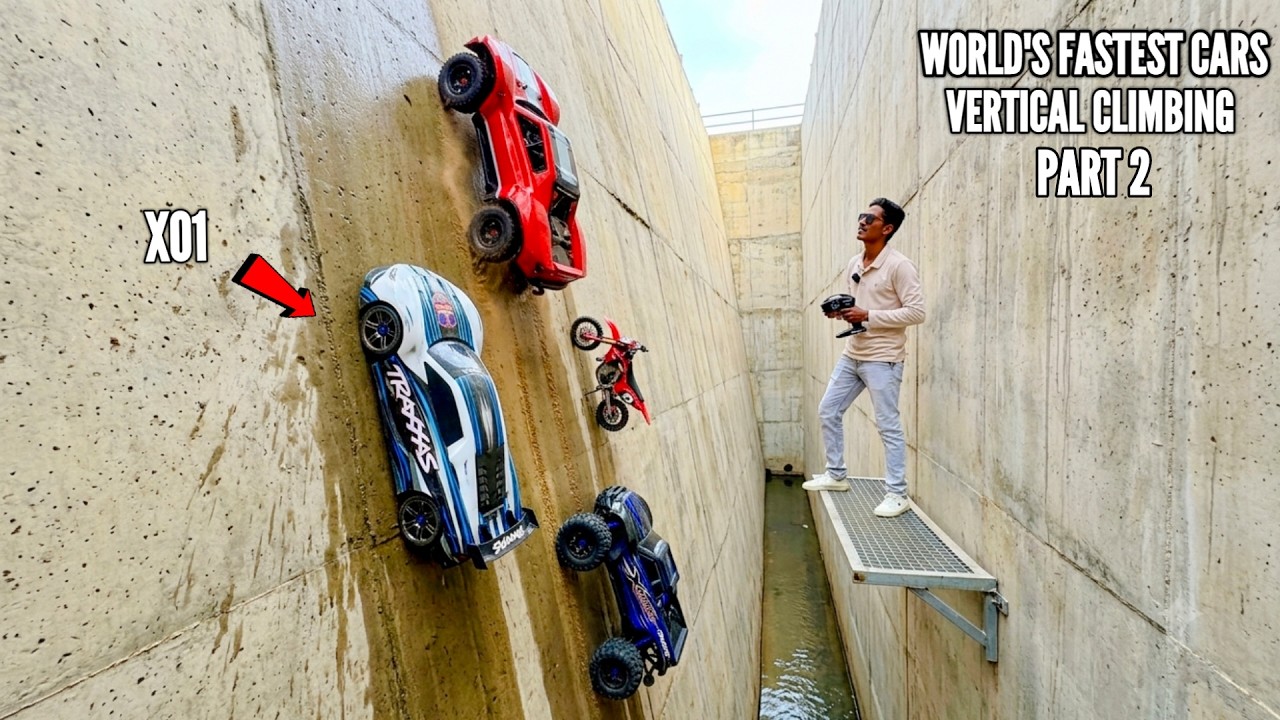 RC Monster Xmaxx Car Vs Massive Vertical Canal Concrete Wall &ndash; Chatpat toy tv