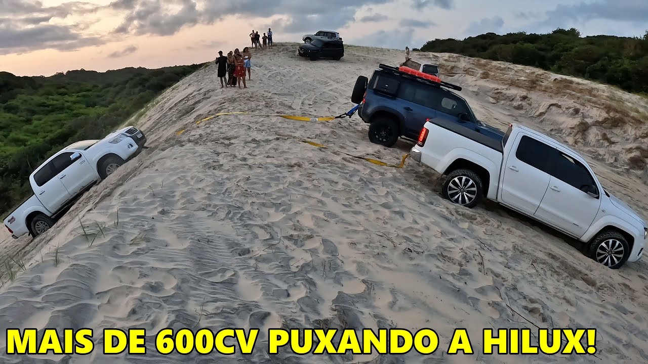 RESGATE - PUXANDO A HILUX PRESA NA DUNA COM AMAROK V6 E LAND ROVER DEFENDER