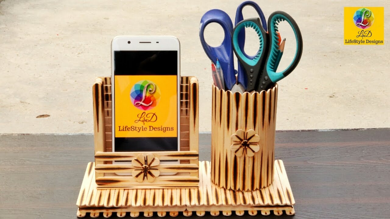 Homemade Pen stand and Mobile phone holder with ice cream sticks | Best out of waste Popsicle Crafts