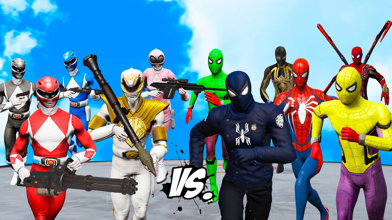 Spider Verse | Spider-man Team Army Suit vs vs Power Rangers Army (Spider-Cop) - What if Battle?