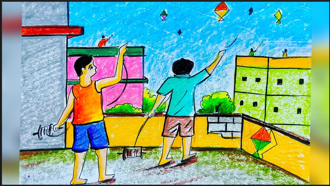 Kite festival drawing/makar Sankranti drawing/kite festival drawing for kids/kite festival scenery