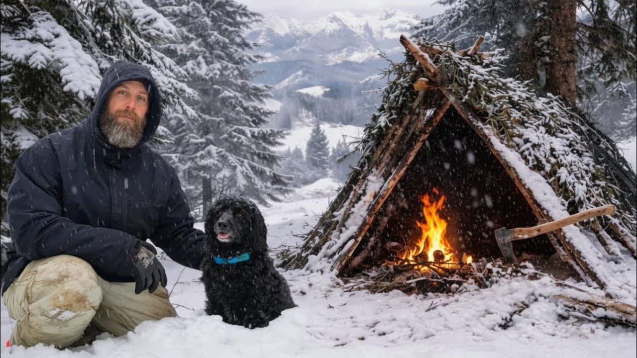 Silent Winter Bushcraft Camp ❄️ Building a Warm Snow Shelter with My Dog