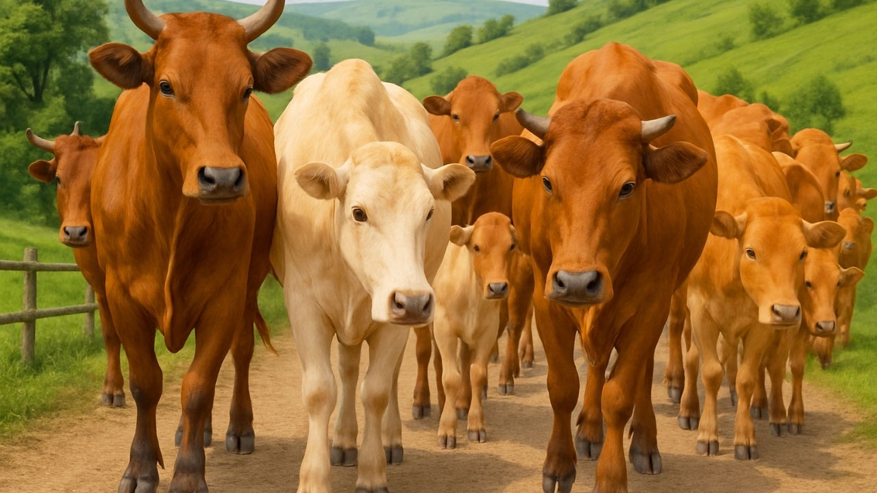 Hewan ternak sapi lembu berkeliaran di ladang rumput hijau memanggil kawanan - Bunyi sapi lucu